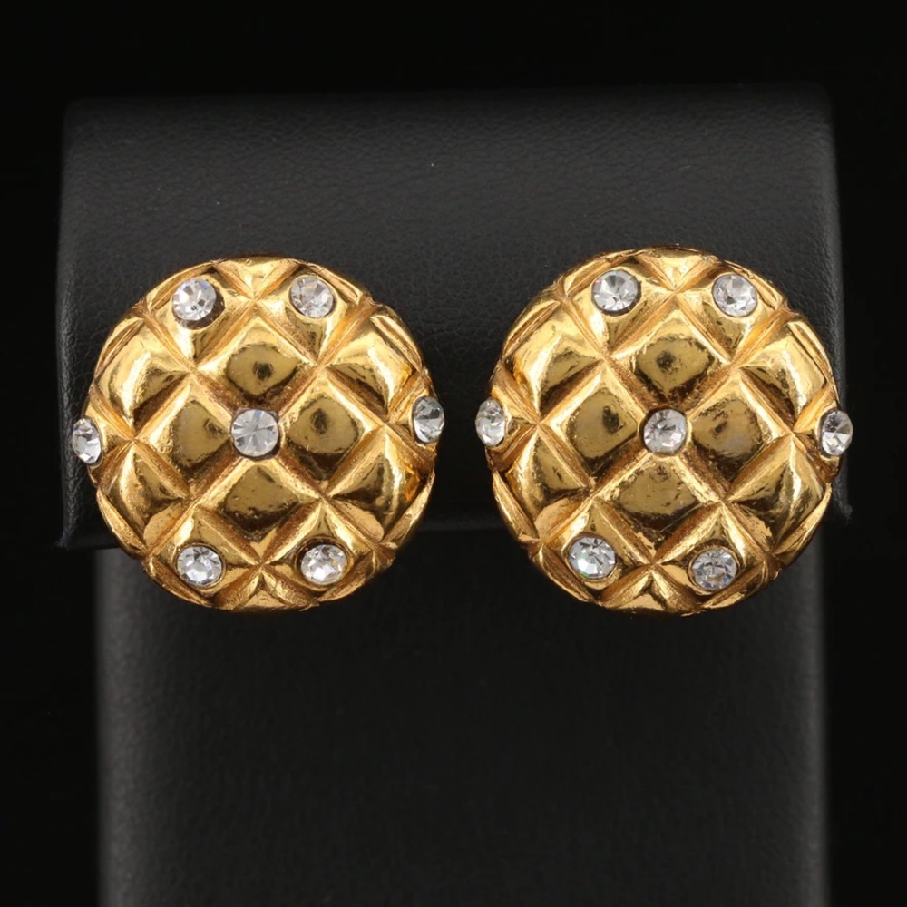 Chanel Quitted Rhinestone Clip Earrings